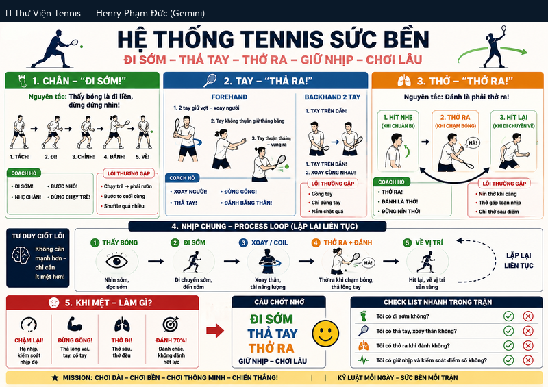 Hệ Thống Tennis Sức Bền: 5 Trụ Cột (Chân · Tay · Thở · Nhịp · Mệt)