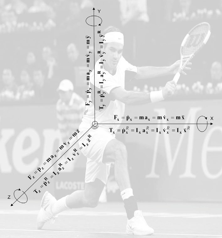 Sơ đồ phân tích động lực học Newton-Euler và các vector lực tác dụng lên quả bóng tennis